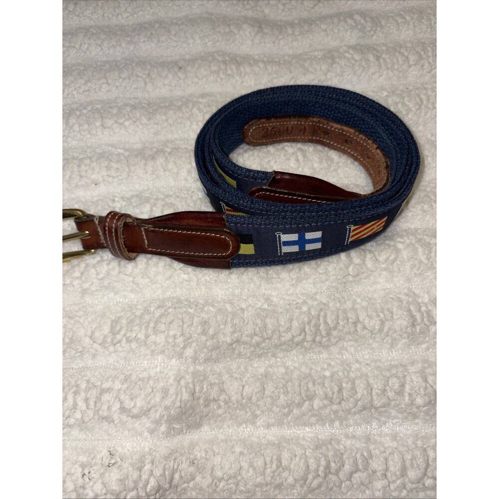 Tory Leather Woven Belt Men’s 44-46 Nautical Flags Sailing Boat Brass Buckle A-3